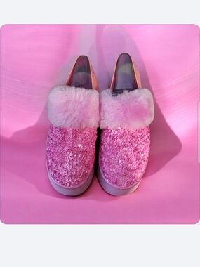 UGG Pink Sequin Faux Fur Slip-On Chunky Funkette● NIB